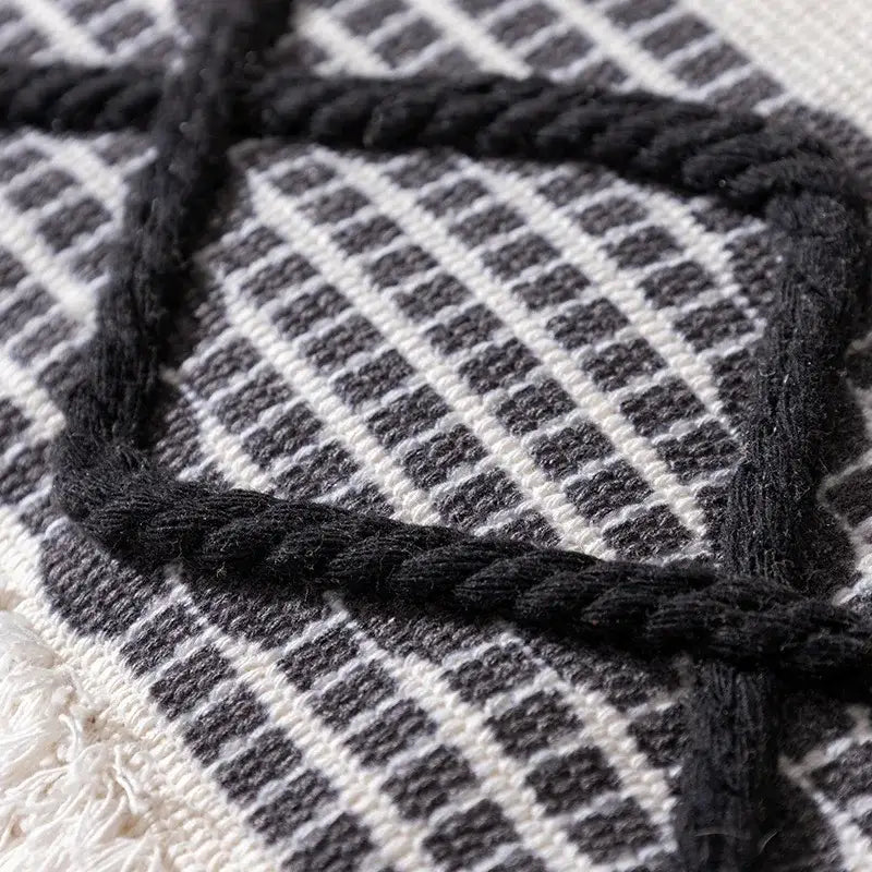 Boho tufted fringed black & white pillowcase living room decor