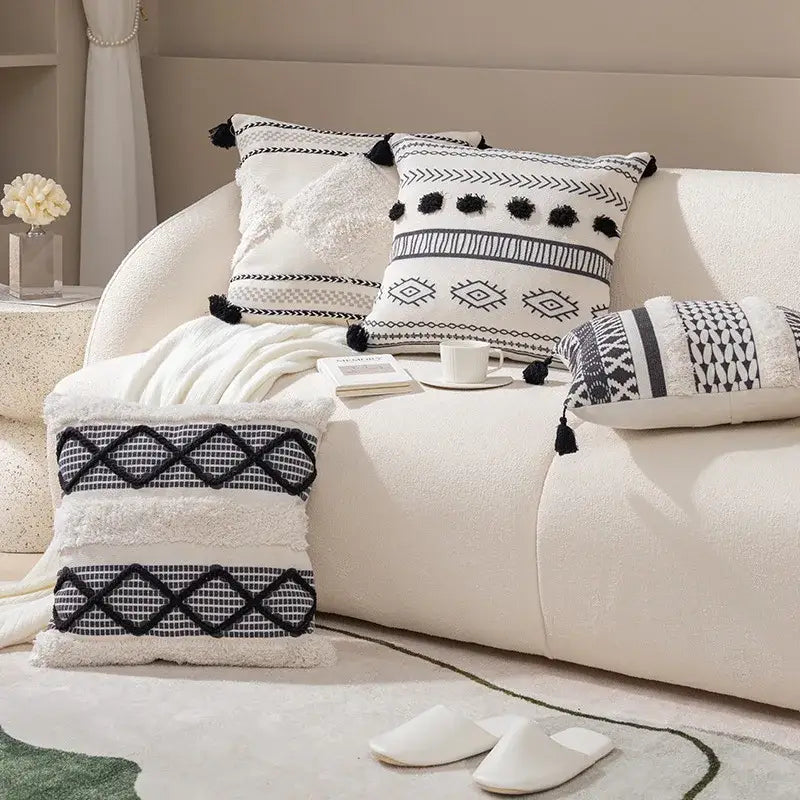 Boho tufted fringed black & white pillowcase living room decor