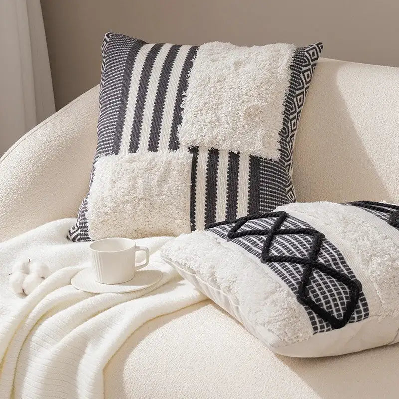 Boho tufted fringed black & white pillowcase living room decor