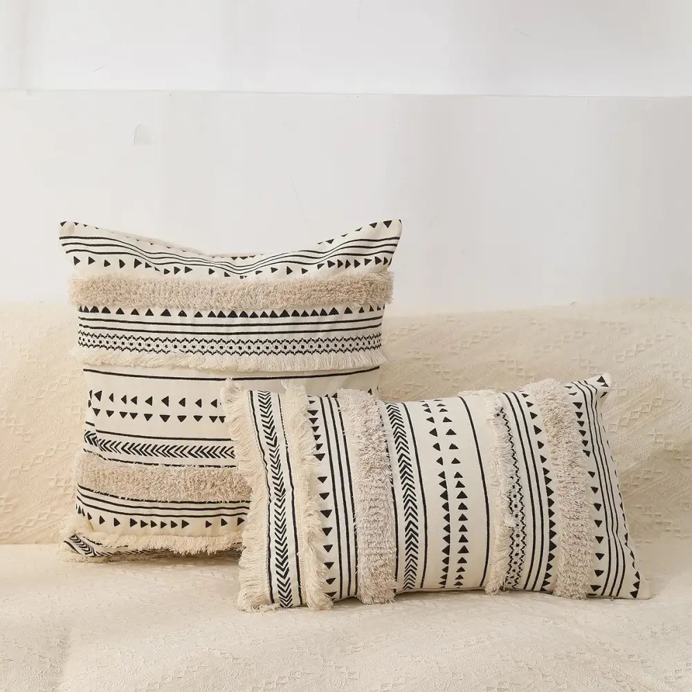 Boho tufted fringed black & white pillowcase living room decor