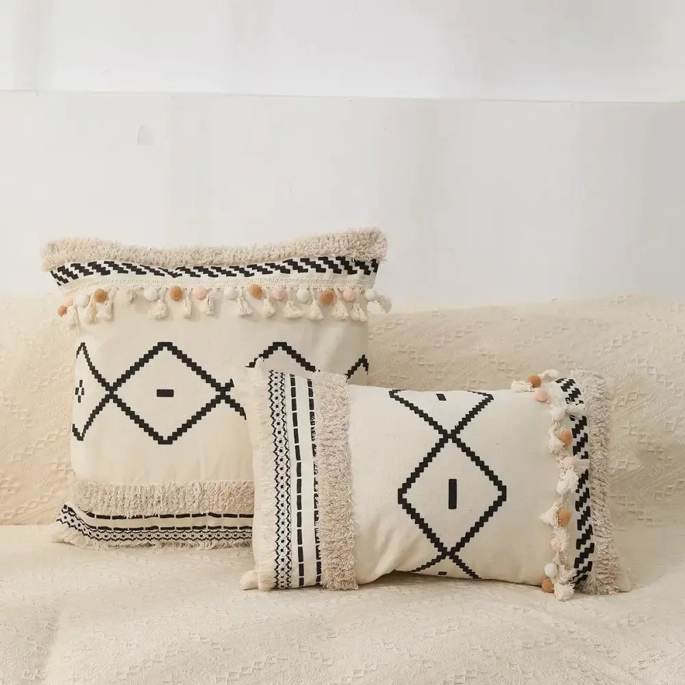 Boho tufted fringed black & white pillowcase living room decor