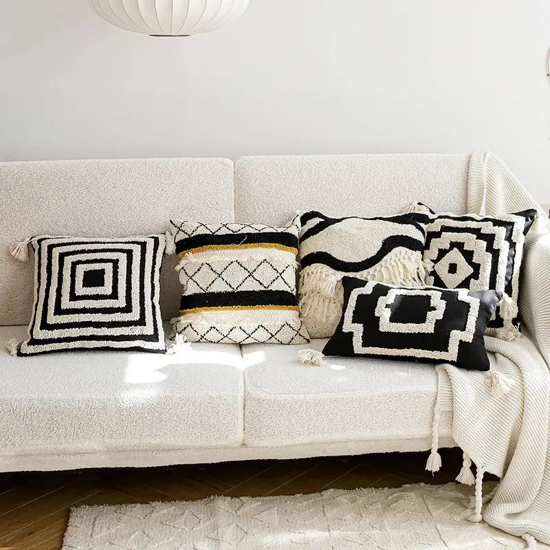 Boho tufted geometric black & white pillow cover living room tassels