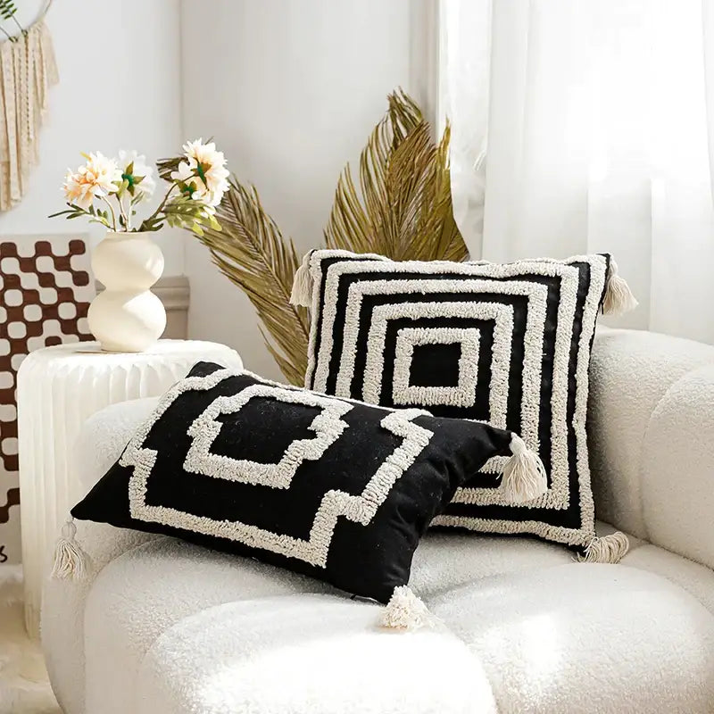 Boho tufted geometric black & white pillow cover living room tassels