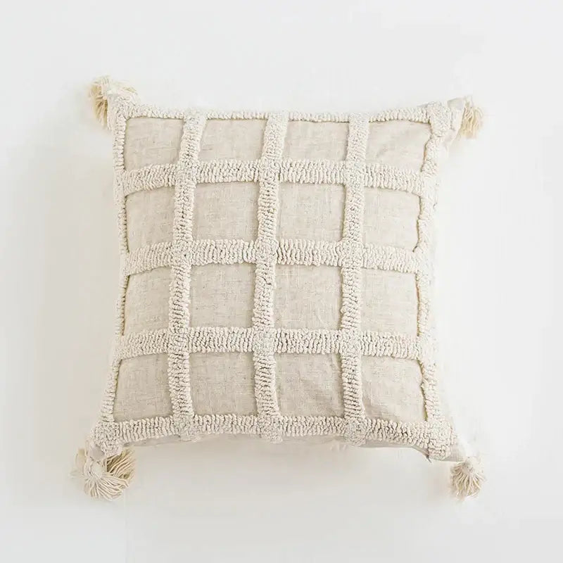Boho tufted tassel cushion cover cream woven living room pillow