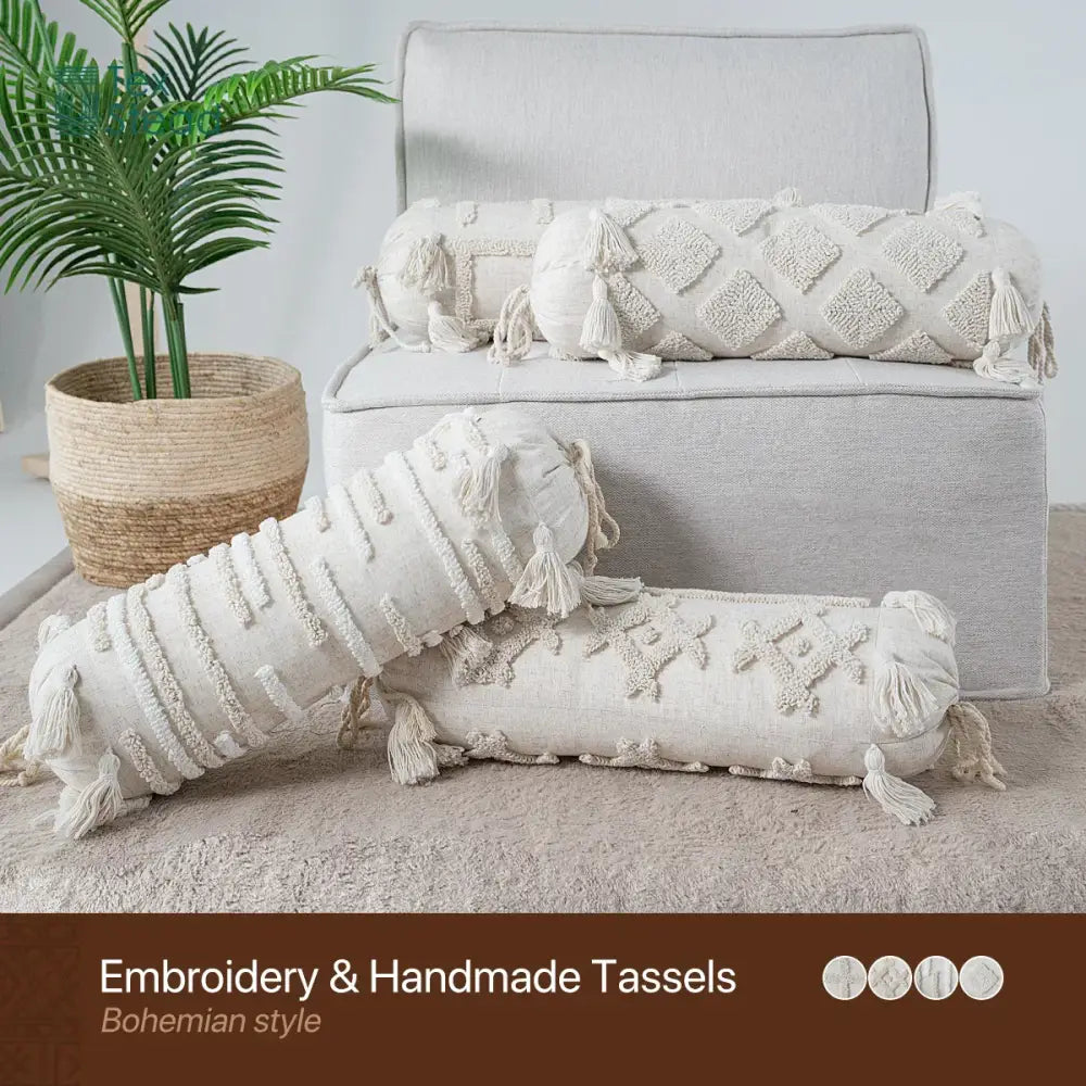 Boho tufted tassel lumbar pillow cream textured bedroom decor