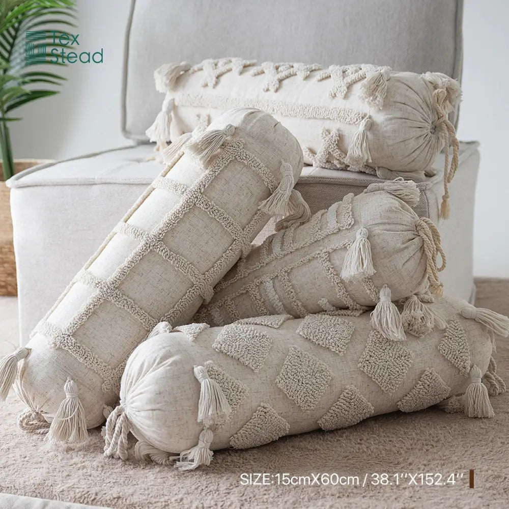 Boho tufted tassel lumbar pillow cream textured bedroom decor