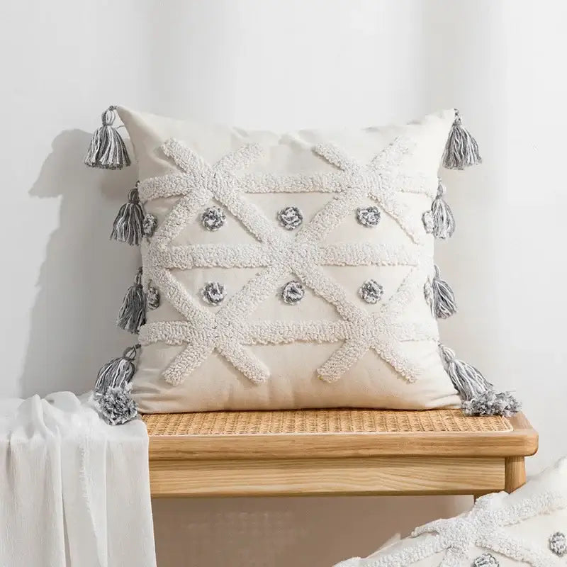 Boho white & gray tufted cushion cover living room throw pillow
