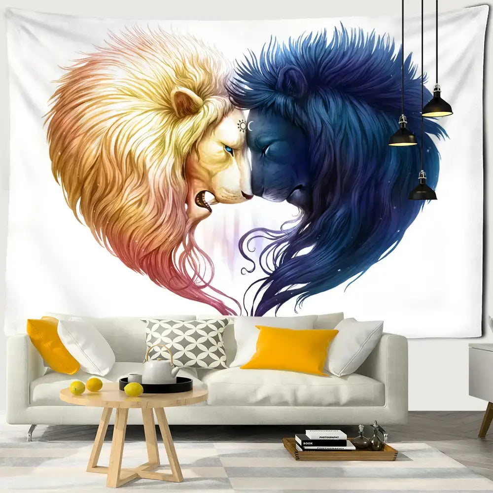 Boho wildlife tapestry wall hanging white & blue lions bedroom decor
