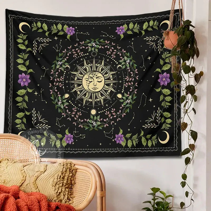 Botanical moon phase floral tapestry – bedroom celestial wall decor