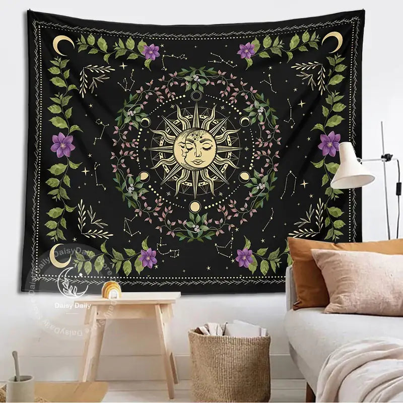 Botanical moon phase floral tapestry – bedroom celestial wall decor