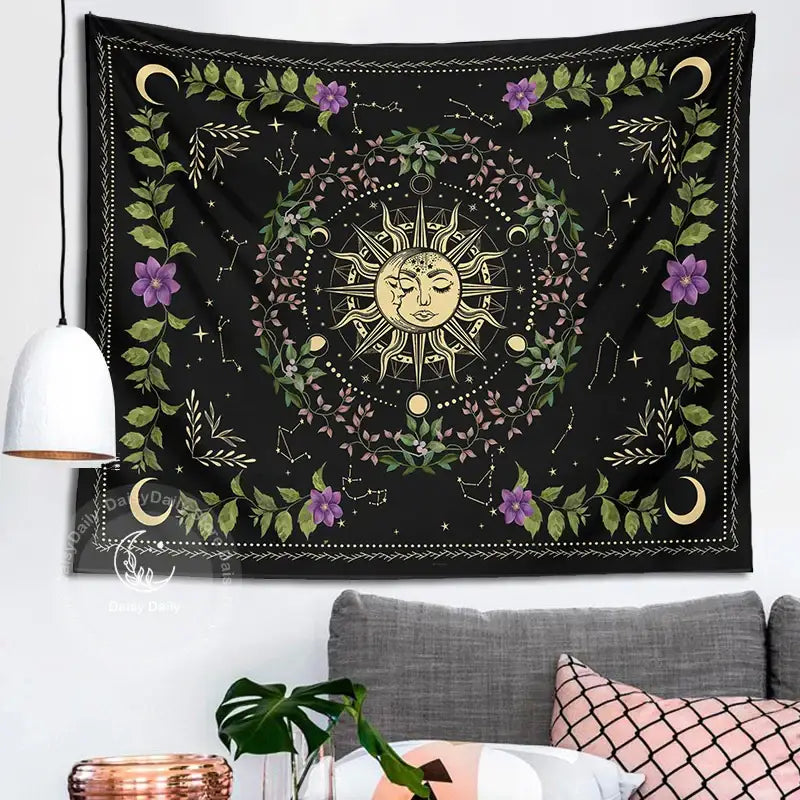 Botanical moon phase floral tapestry – bedroom celestial wall decor