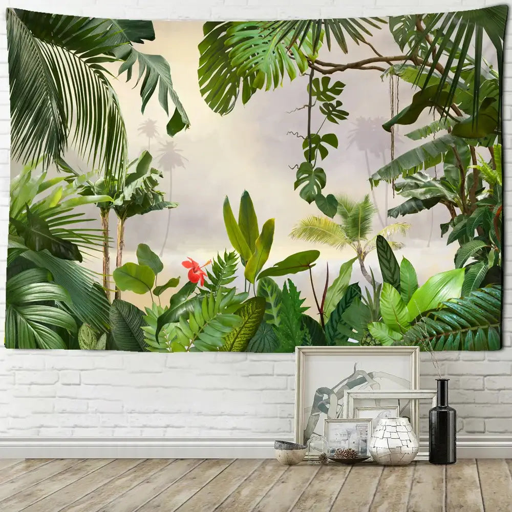 Botanical palm leaf green tapestry tropical living room wall art
