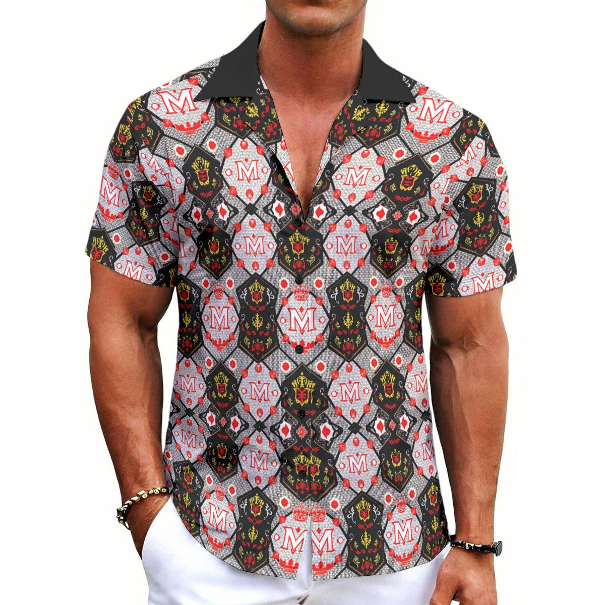 Munsieur All-Over Print Button Up Tee with Bold Pattern