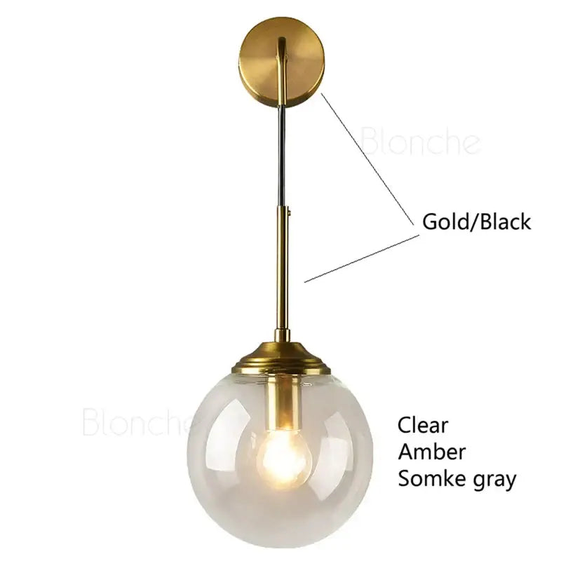 Brass amber glass ball wall light for bedroom and living room