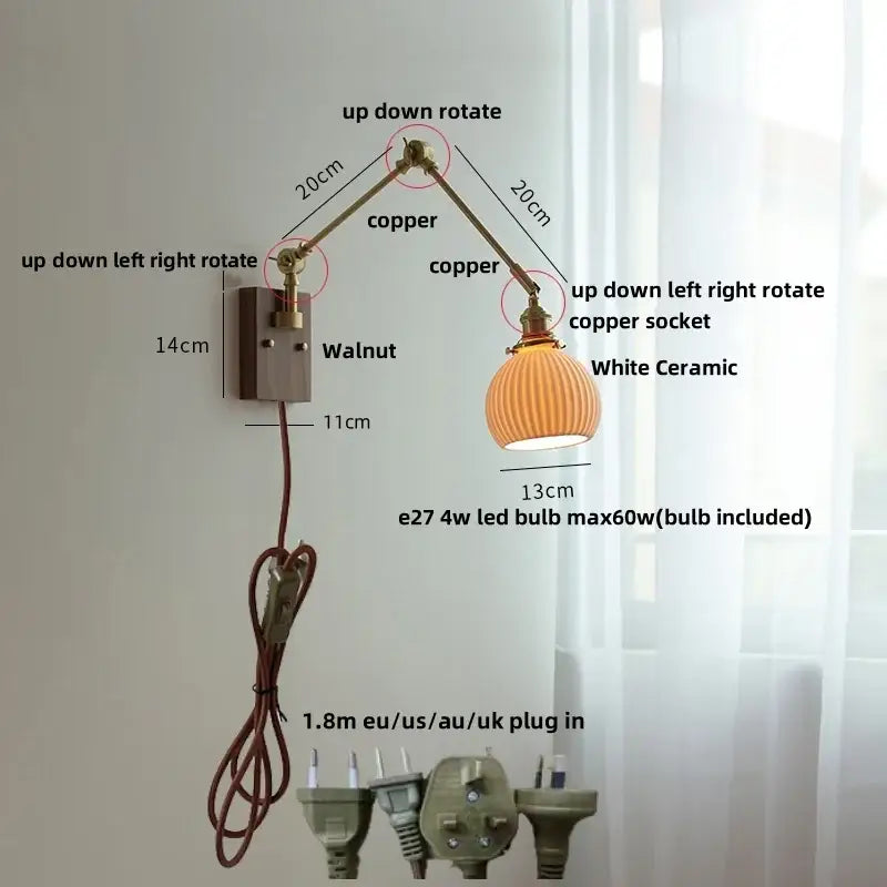 Brass and ribbed glass ceramic led wall light – bedroom sconce