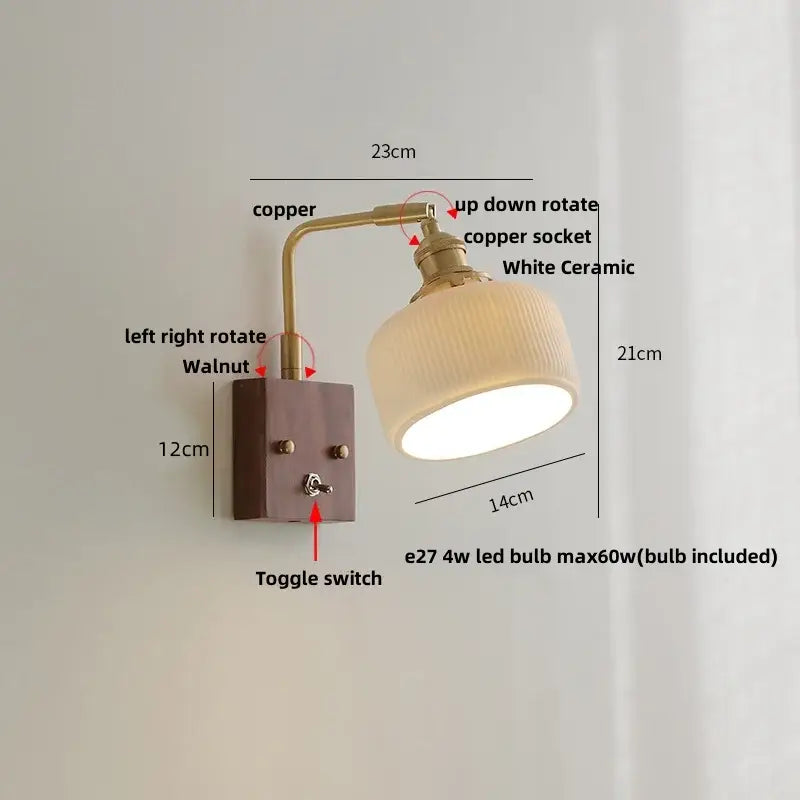 Brass and walnut ceramic led wall light bedroom sconce