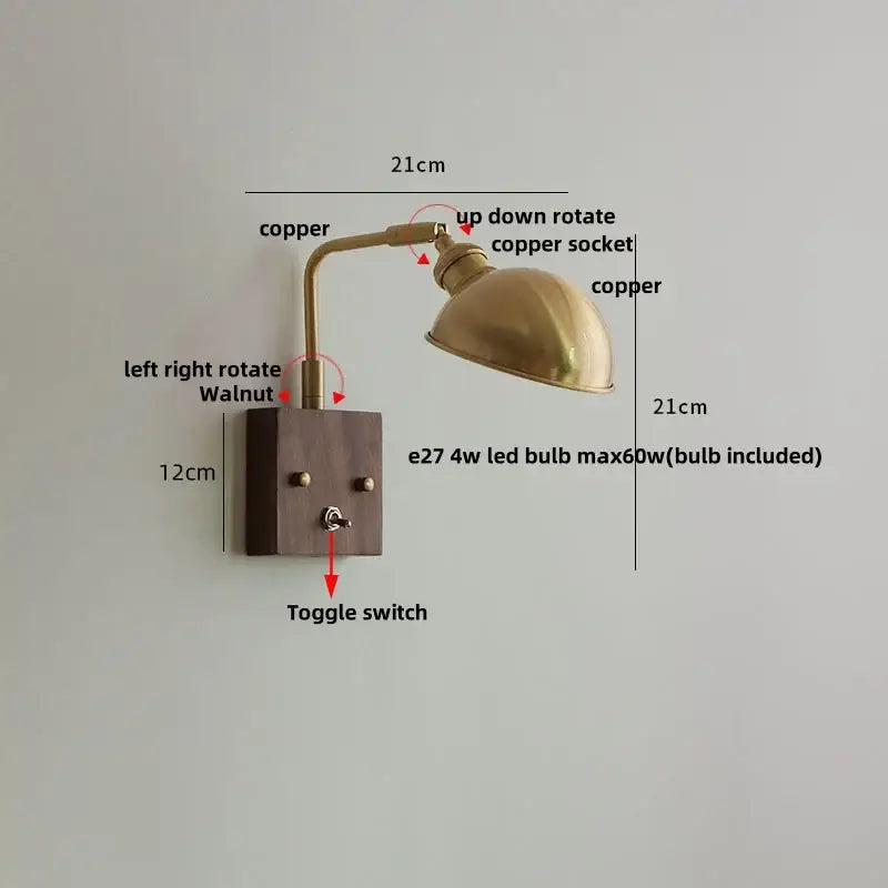 Brass and walnut ceramic led wall light bedroom sconce