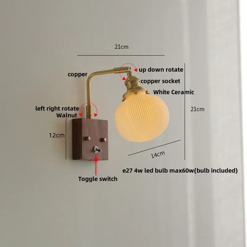 Brass and walnut ceramic led wall light bedroom sconce