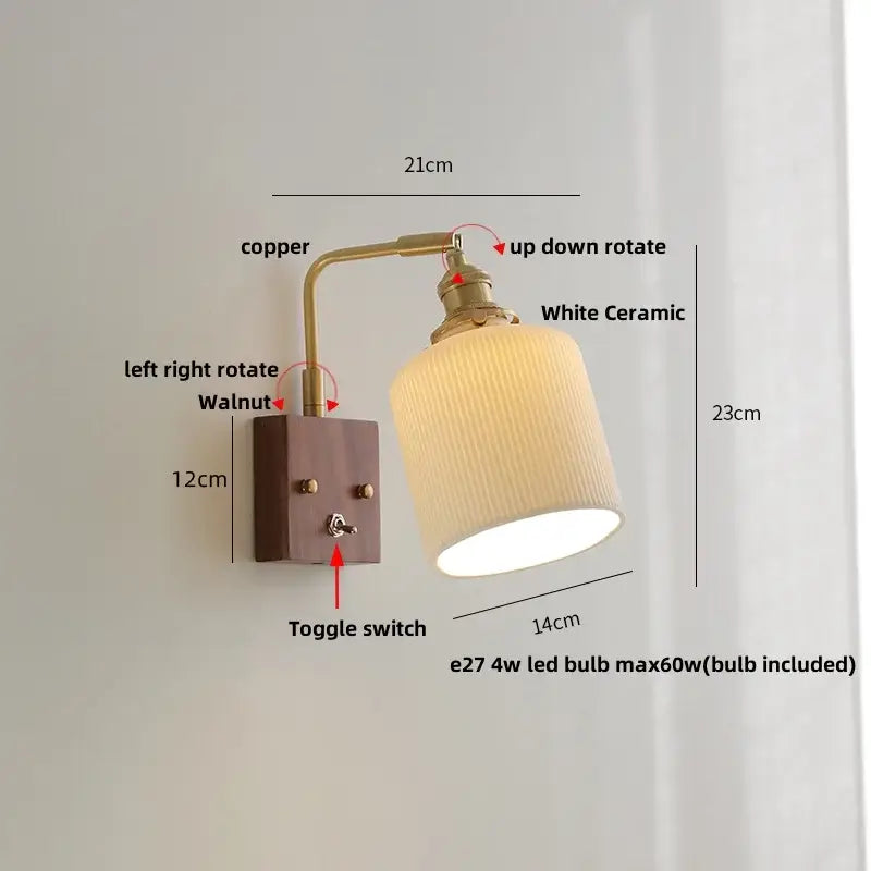 Brass and walnut ceramic led wall light bedroom sconce