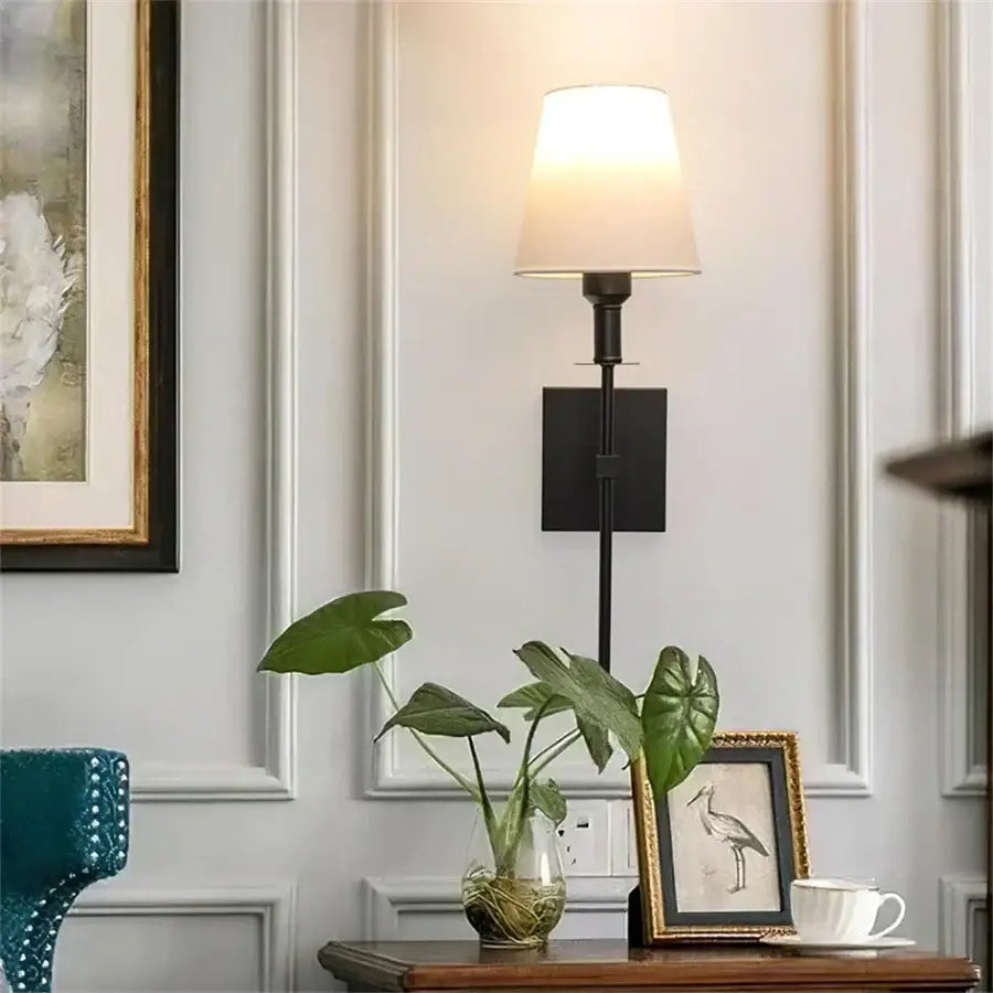 Brass and white cloth lampshade wall sconce pair for bathroom mirror