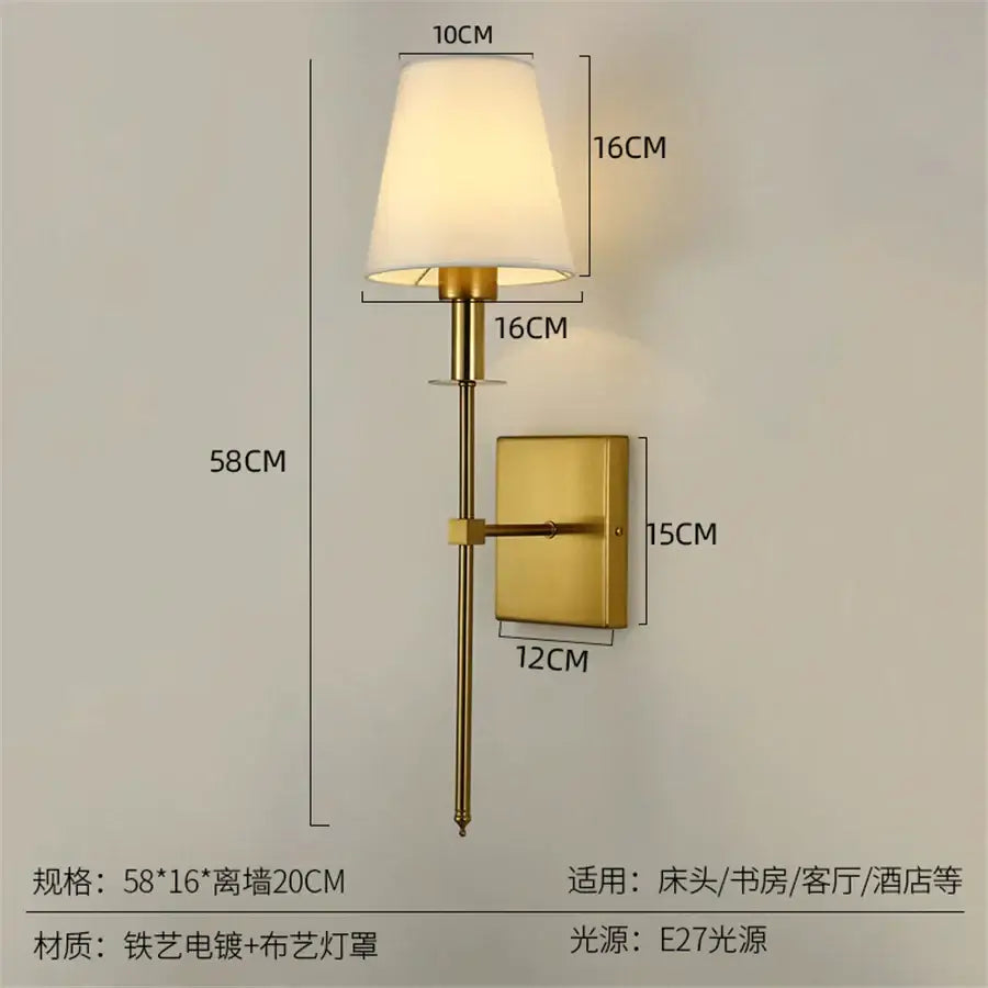 Brass and white cloth lampshade wall sconce pair for bathroom mirror