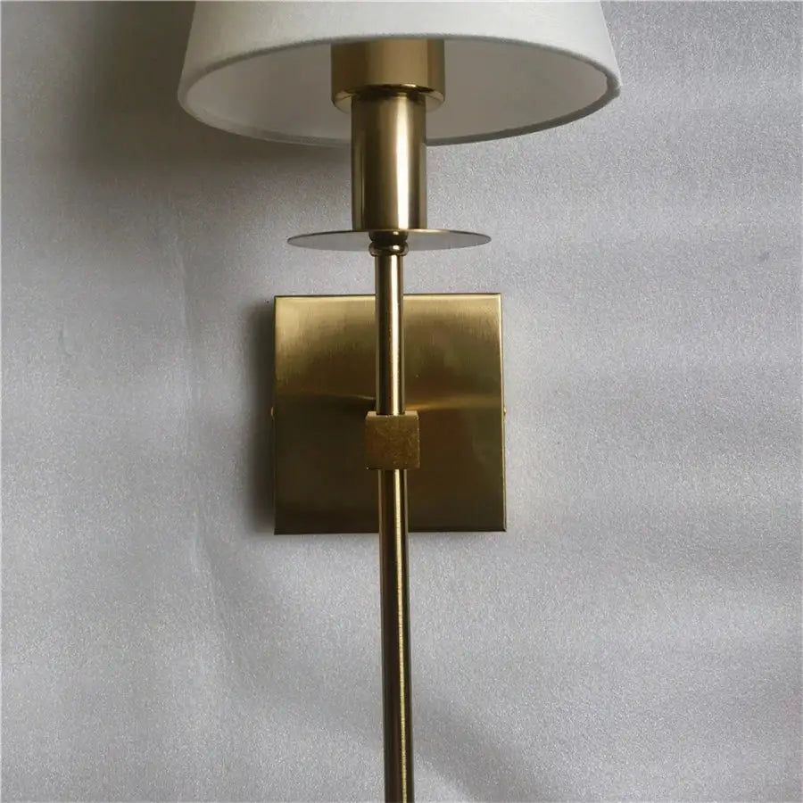 Brass and white cloth lampshade wall sconce pair for bathroom mirror