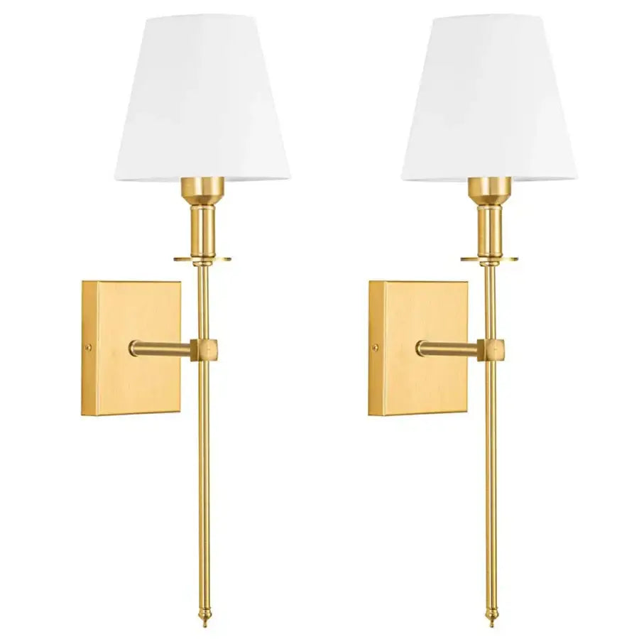 Brass and white cloth lampshade wall sconce pair for bathroom mirror