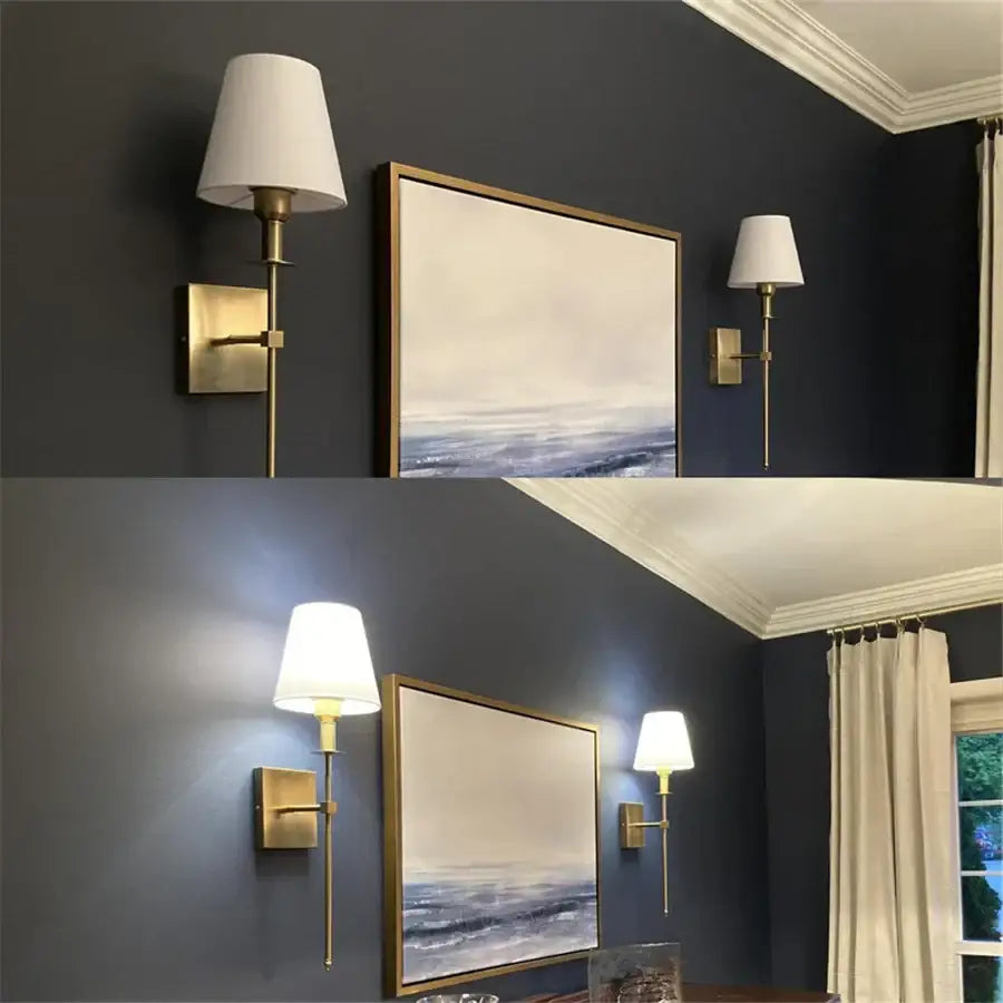 Brass and white cloth lampshade wall sconce pair for bathroom mirror