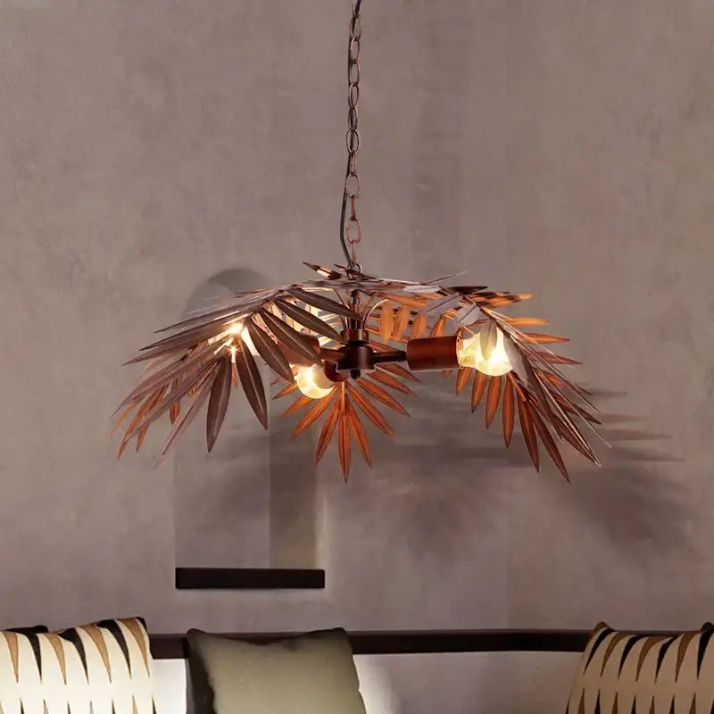 Brass boho coconut leaf chandelier dining room brass finish light