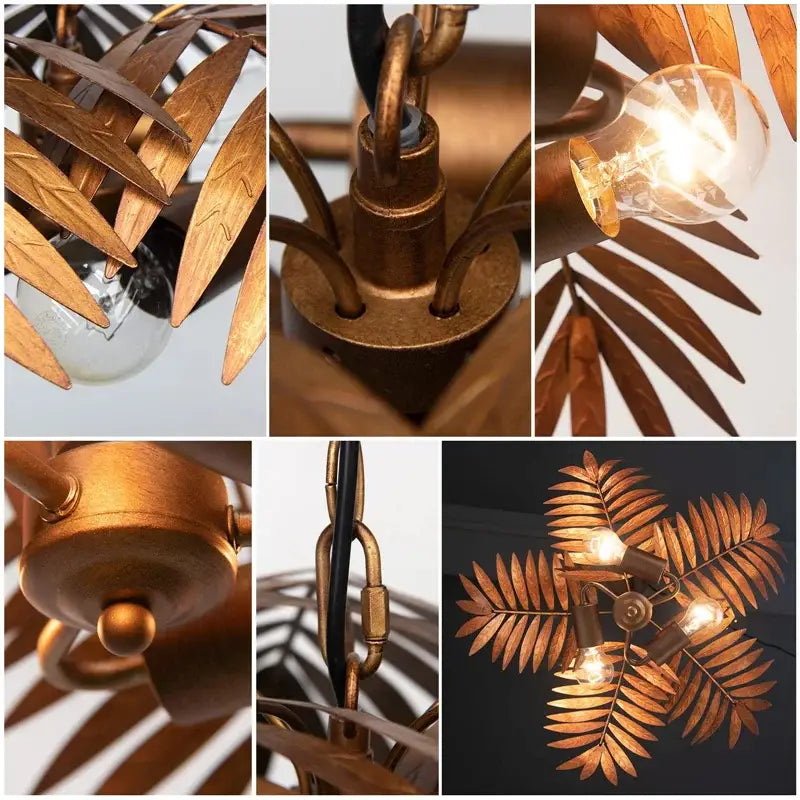 Brass boho coconut leaf chandelier dining room brass finish light