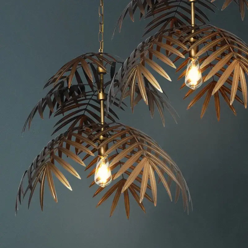 Brass boho coconut leaf chandelier dining room brass finish light