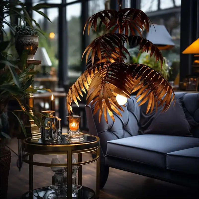 Brass boho coconut leaf chandelier dining room brass finish light
