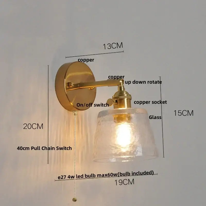 Brass clear glass led wall sconce with pull chain bedroom light