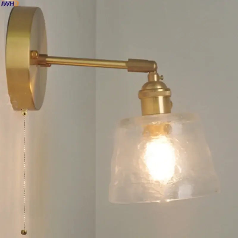 Brass clear glass led wall sconce with pull chain bedroom light