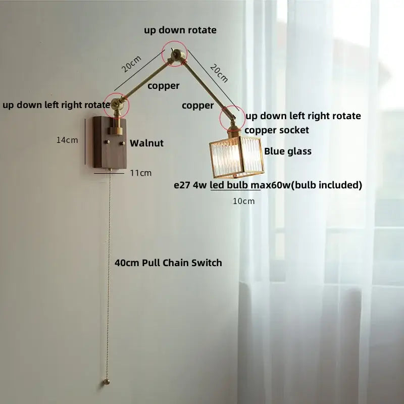 Brass decorbites ash wood blue glass wall sconce bedroom light