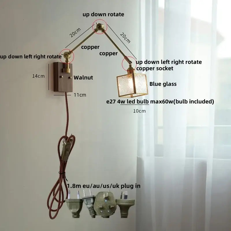 Brass decorbites ash wood blue glass wall sconce bedroom light