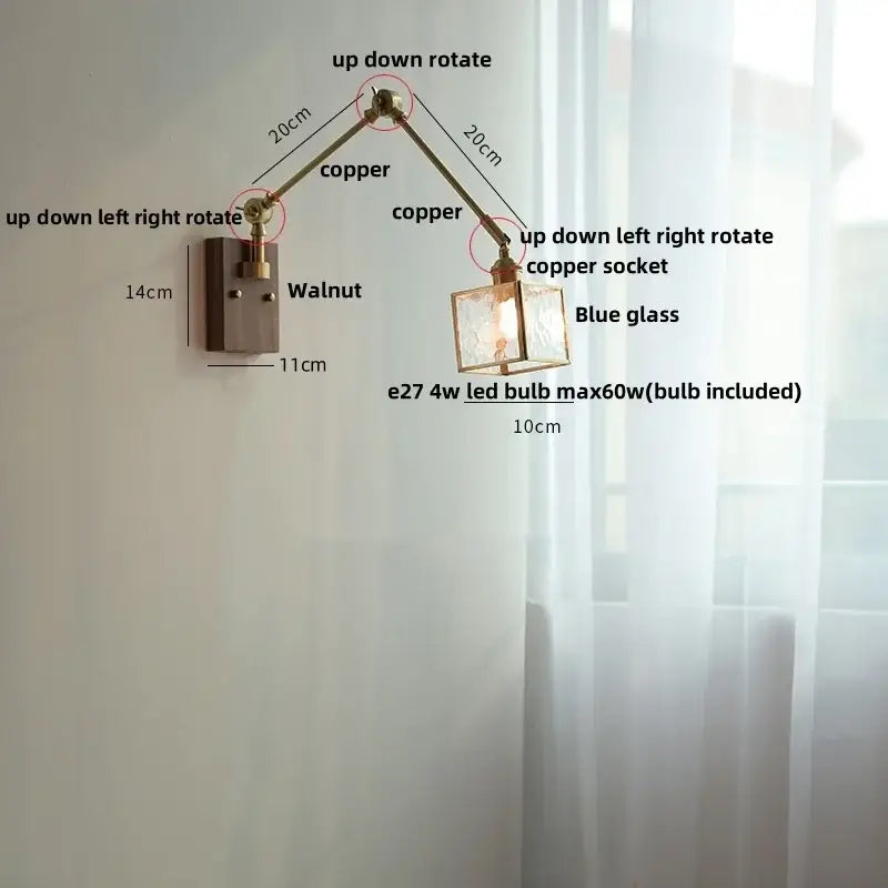 Brass decorbites ash wood blue glass wall sconce bedroom light