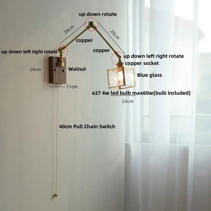 Brass decorbites ash wood blue glass wall sconce bedroom light