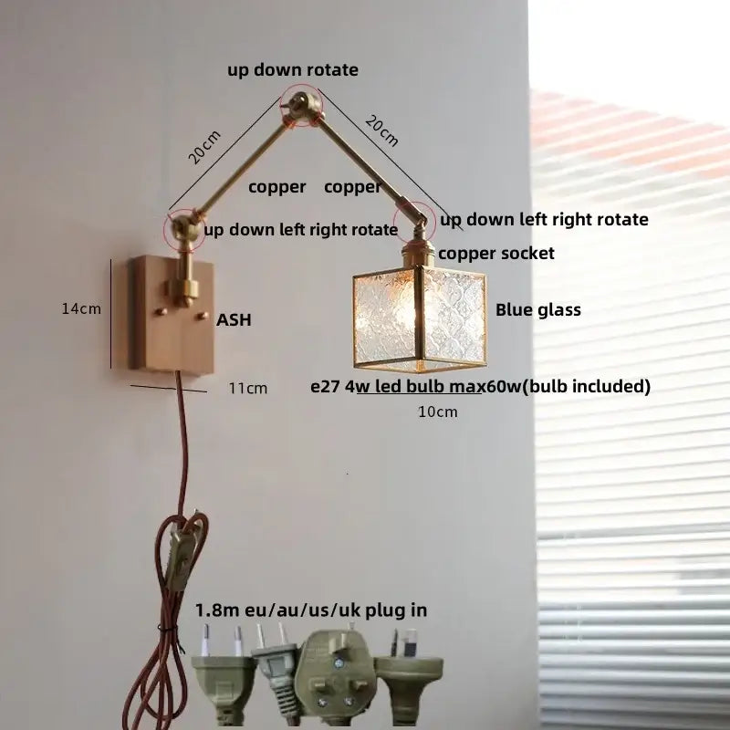 Brass decorbites ash wood blue glass wall sconce bedroom light