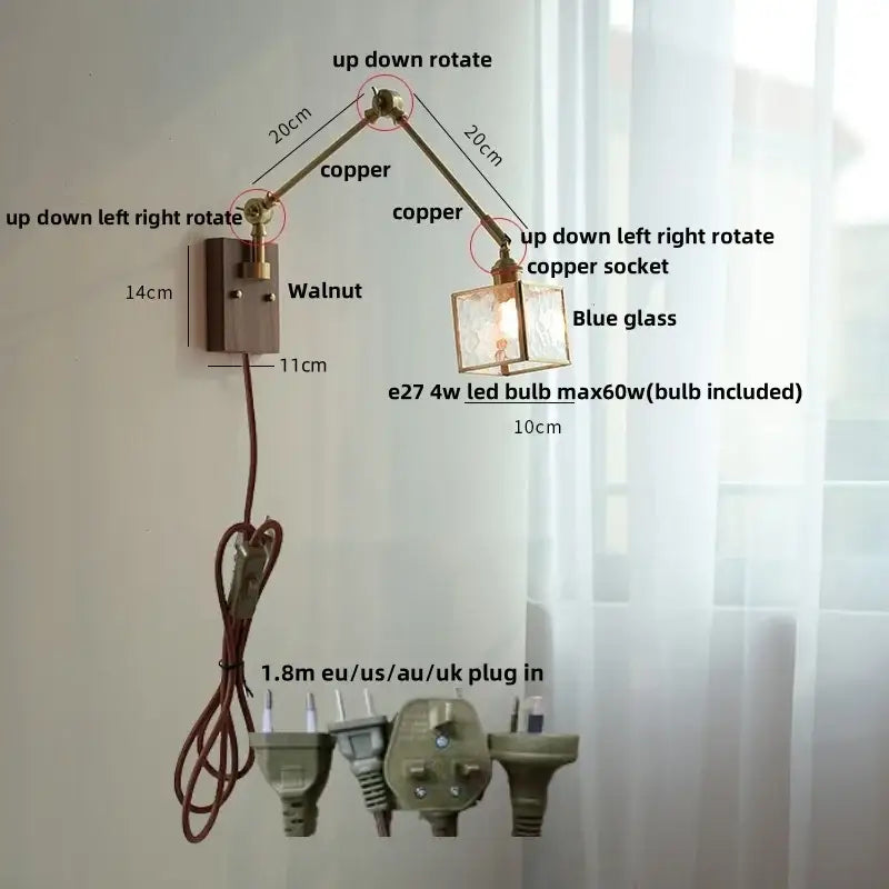 Brass decorbites ash wood blue glass wall sconce bedroom light