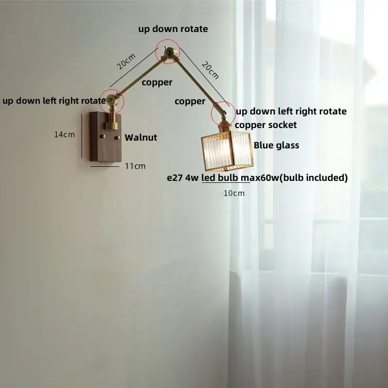 Brass decorbites ash wood blue glass wall sconce bedroom light