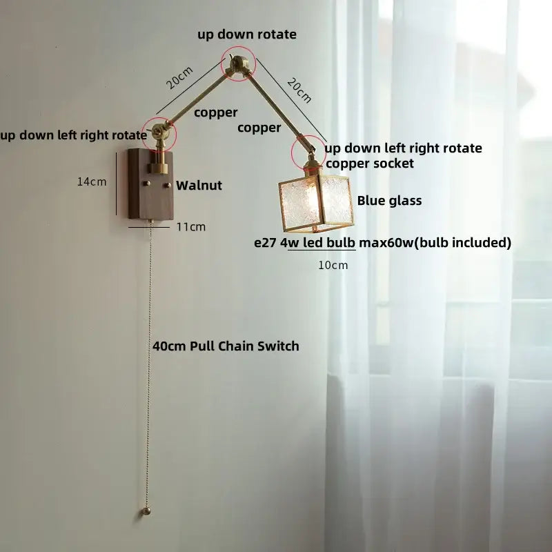 Brass decorbites ash wood blue glass wall sconce bedroom light