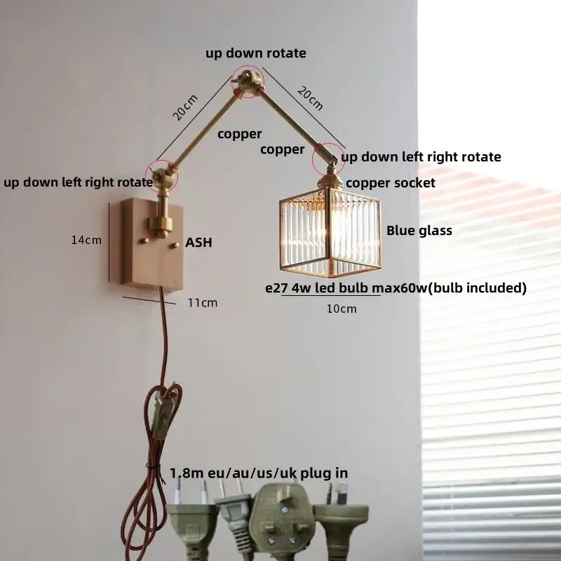 Brass decorbites ash wood blue glass wall sconce bedroom light