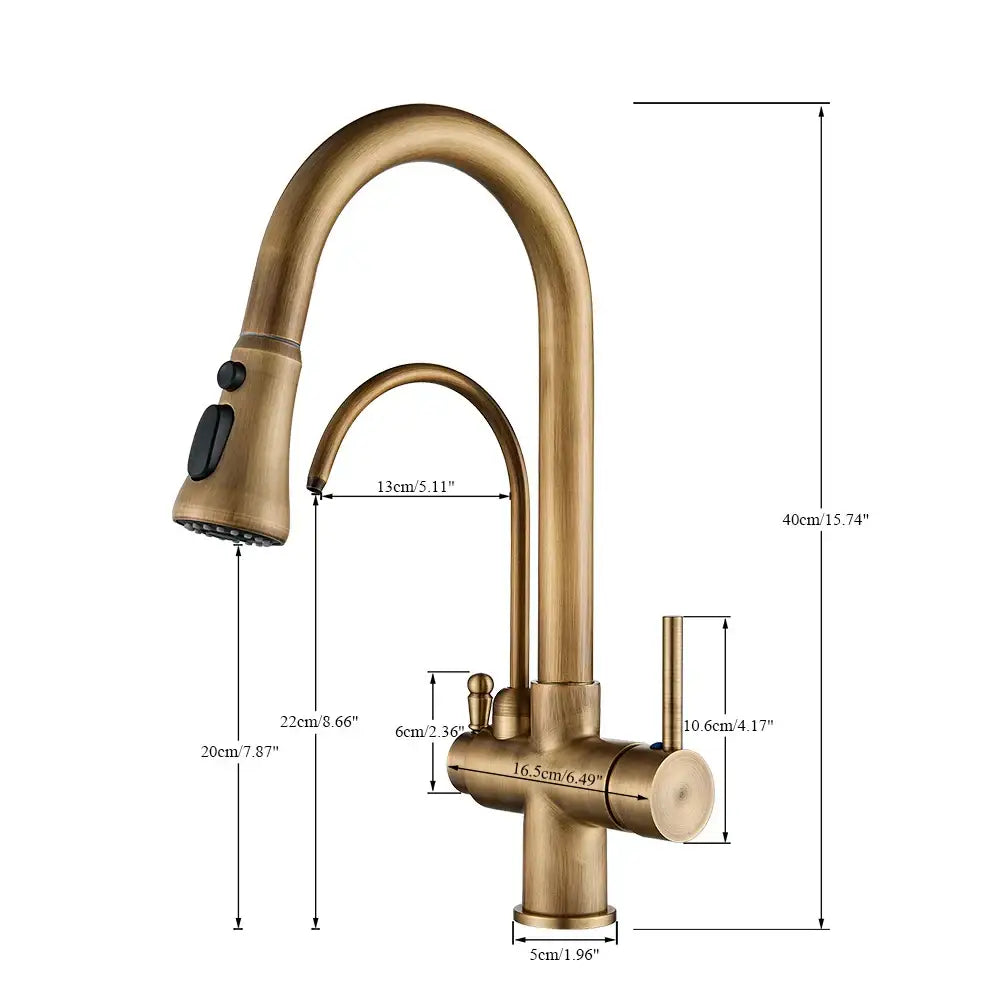 Brass filter kitchen faucet with rotatable spout and pull down sprayer