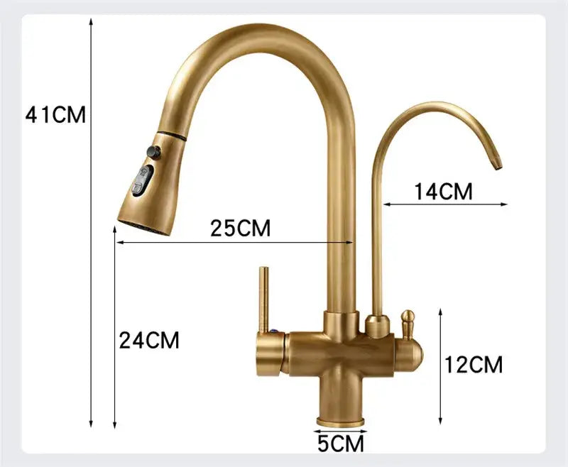 Brass kitchen faucet with pull down black hose and water filter tap