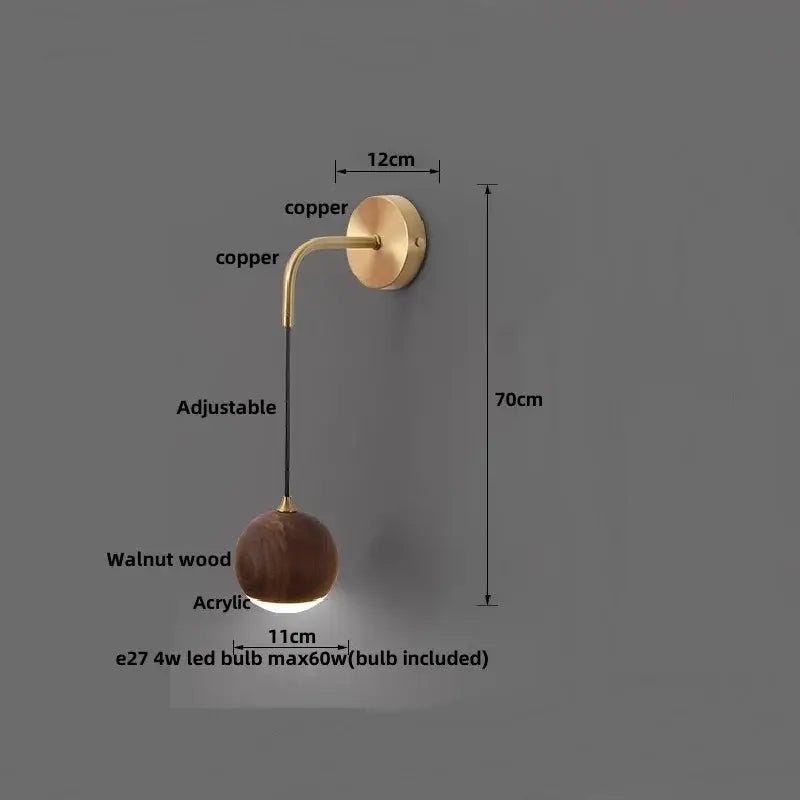 Brass led walnut wood wall lamp bedroom spherical sconce