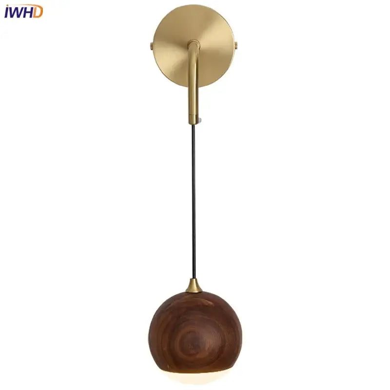 Brass led walnut wood wall lamp bedroom spherical sconce