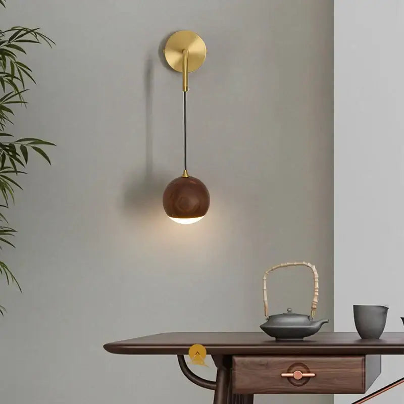 Brass led walnut wood wall lamp bedroom spherical sconce