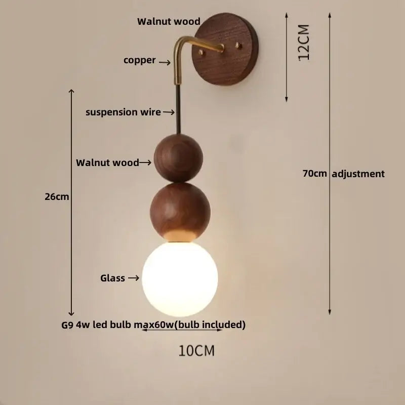 Brass led walnut wood wall lamp bedroom spherical sconce