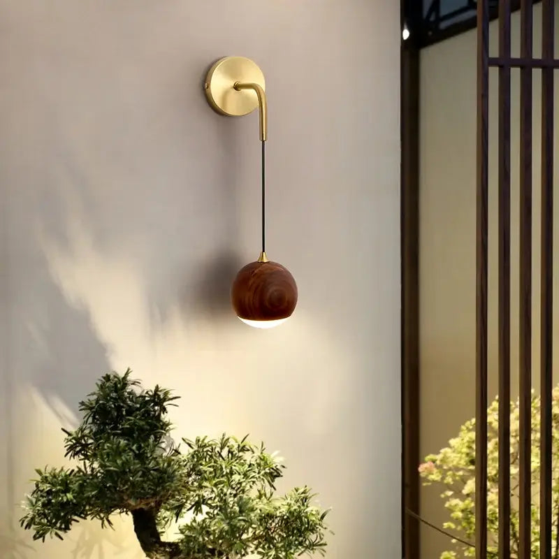 Brass led walnut wood wall lamp bedroom spherical sconce